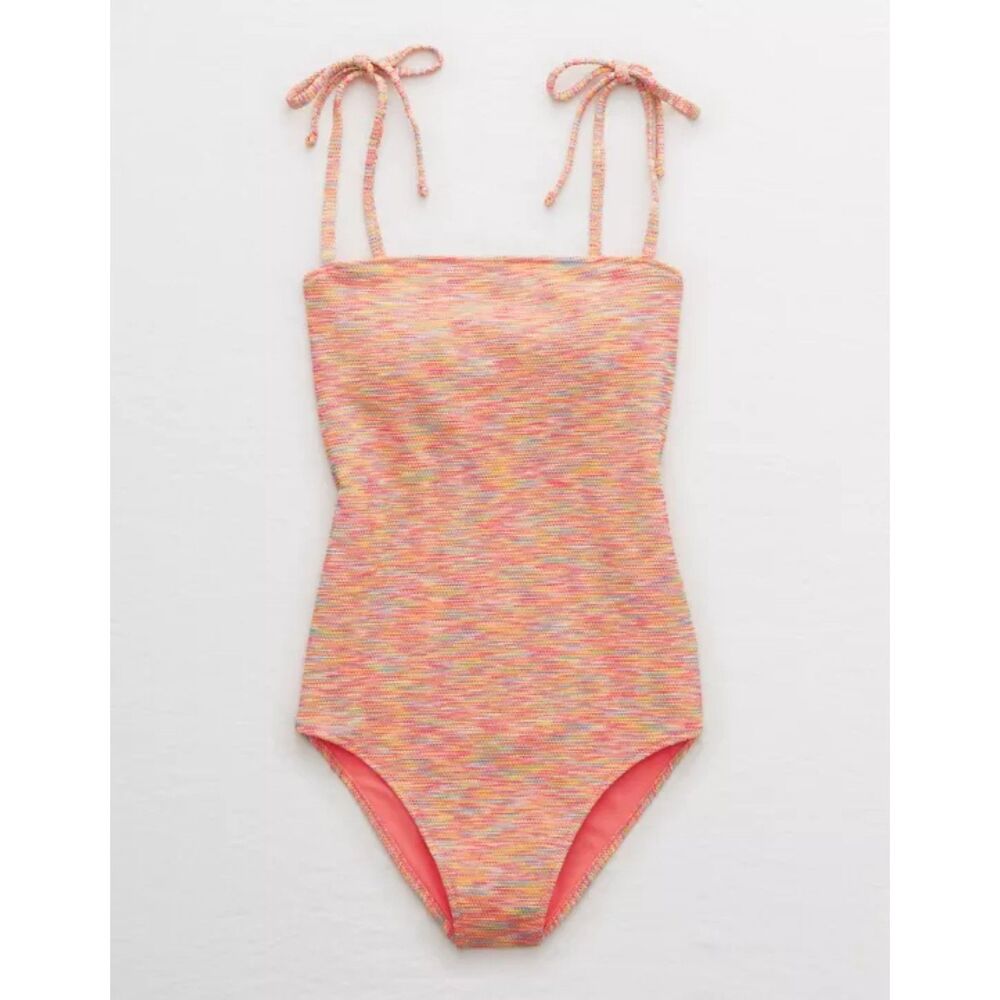 Aerie Pink Coral Space Dye Pique Bandeau One Piece Swimsuit XS Cheeky Cut New